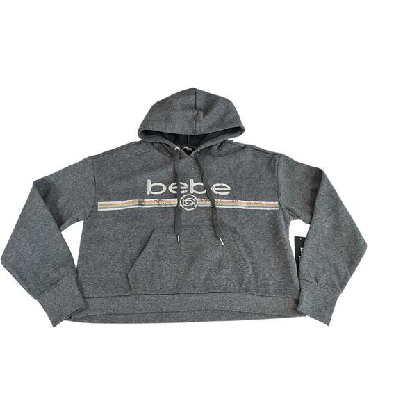 Bebe Women's Sequin Logo Hoodie Charcoal BP2350B Large NWT Thumbholes Kangaroo P - Picture 6 of 11